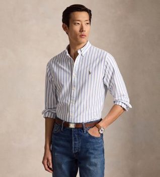 Polo Ralph Lauren para hombre. 710944615001 Camisa oxford con rayas Slim Fit azul claro (XL), Casual, Algodón, Manga larga