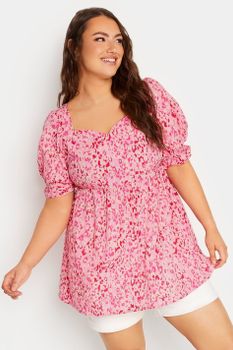 Limited Collection Top Rosa Estampado Animal Con Manga Abullonada, Mujer Curvy Y Tallas Grandes, Yours