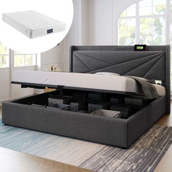 Cama Contenedor 140 X 200 Cm Con Cabecero - Usb + Tipo C - Tejido Lino - Gris + Colchón