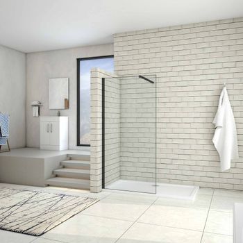 Aica Walkin Mampara Panel De Ducha De Una Hoja Vidrio Antical De 8mm Con Una Barra Ajustable 73-120cm Perfil Negro Mate Tamaño (98-100)x200cm