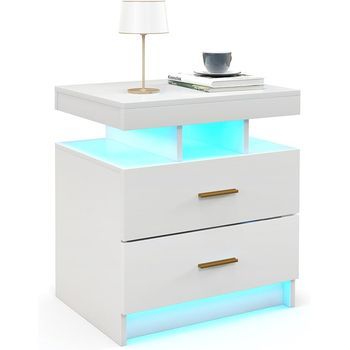 Costway Mesitas De Noche Con Luces Led, Mesitas 2 Cajones Dormitorio Salón (blanco, 50 X 40 X 58 Cm)