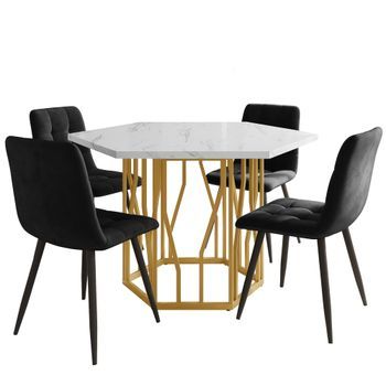 Conjunto De Comedor: Mesa Hexagonal Dorada Y 4 Sillas De Terciopelo Negro