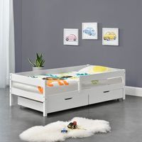 cama para ninos de madera pino borgarnes - 90 x 200 cm - con 2 cajones de almacenamiento - con proteccion contra caidas - somier - blanco encasa