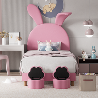 cama tapizada de 90 x 200 cm con 2 taburetes de almacenamiento para ninos - mesita de noche led - cabecero ajustable - terciopelo - rosa