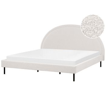 Cama Minimalista Bouclé Tapicería Poliéster Somier Cabecero Semicircular 180 X 200 Cm Blanco Margut