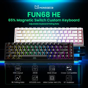 Teclado Magnético Akko MonsGeek FUN68 HE 65% con Rapid Trigger de 0.005mm y 8000Hz, ARGB, con Cable e Inalámbrico, Personalizable para Juegos