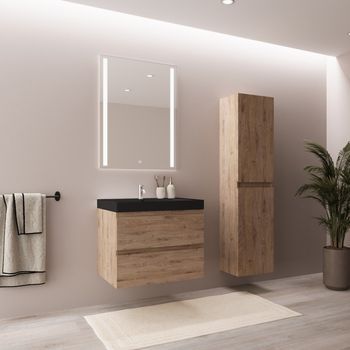 Conjunto De Mueble De Baño Roble Claro 60 Cm - Lavabo Negro - Conjunto De Muebles De Baño - Mueble Para Lavabo - Armario Alto De Baño [avalon] Lomazoo