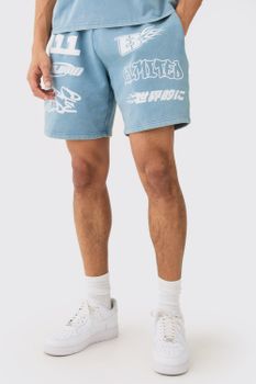 Pantalón Corto Holgado Con Lavado A La Piedra Y Estampado De Motociclismo En Relieve, Azul