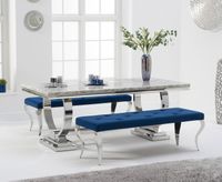 haven 200cm grey marble table with blue velvet fitzrovia bench