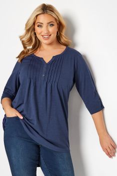 Camiseta Algodón Azul Con Jaretas Y Cuello Panadero, Mujer Curvy Y Tallas Grandes, Yours