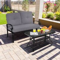 juego de sofa de 2 plazas y mesa de cafe banco de exterior con cojines para patio jardin gris y negro