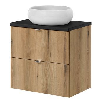 Mueble Bajo Newport Con Lavabo Redondo De Cerámica 2 Cajones 60x72x40 Cm - Efecto Roble / Negro [en.casa]