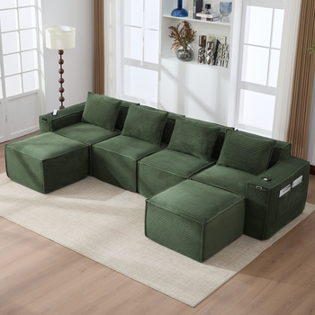 Canapé Modular De 4 Plazas En Terciopelo Acanalado Con 2 Poufs, Portavasos Y Bolsillos Laterales - Resortes, Espuma Hd, Sin Montaje. Ideal Para Salón.