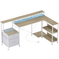homcom escritorio de esquina con enchufes y luces led rgb escritorio de ordenador 172 x 100 cm soporte para pantalla 2 cajones blanco