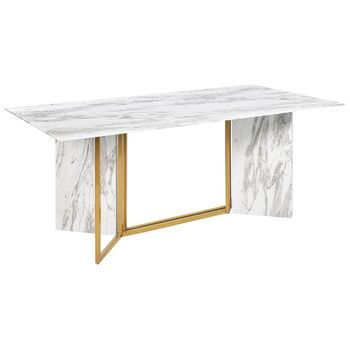 Mesa De Comedor Blanco Negro Dorado 200 X 100 Cm Mdf Vidrio Mármol 8 Plazas Calcio