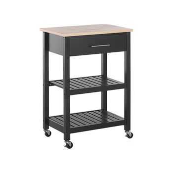 Carrito De Cocina De Mdf Madera De Caucho Negro 58 X 40 X 85 Cm Ruedas 2 Baldas 1 Cajón Botellero Hiuma