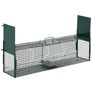 PawHut Trampa para Animales Vivos de 2 Puertas Jaula Metálica Captura Segura para Conejos Visones Zorros 100x25x28 cm Verde Oscuro   Aosom España
