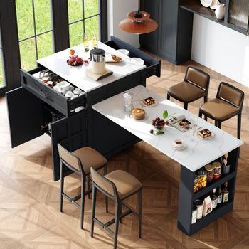 Mesas de bar extensibles con espacio de almacenamiento, isla de cocina de MDF, 2 cajones y 4 compartimentos, para 2-6 personas