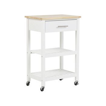 Carrito De Cocina De Mdf Madera De Caucho Blanco 58 X 40 X 85 Cm Ruedas 2 Baldas 1 Cajón Botellero Hiuma