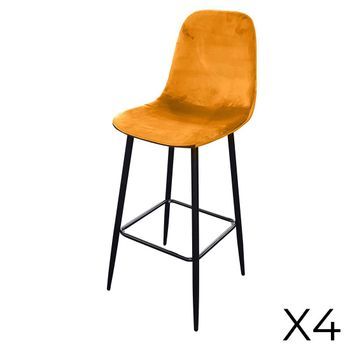 Lote De 4 Taburetes Loly, Asiento Y Respaldo En Terciopelo Amarillo, Estructura En Metal Negro.
