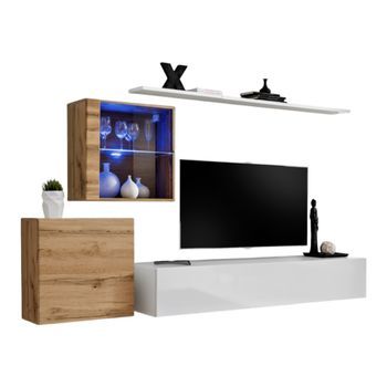 Conjunto De Muebles De Salón Mural Switch Xv Diseño, Color Blanco Brillante Y Roble Wotan.
