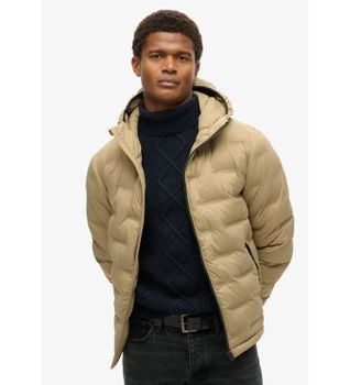 Superdry para hombre. M5012045A Abrigo acolchado con capucha beige (L), Casual, Poliéster Reciclado, Sostenible