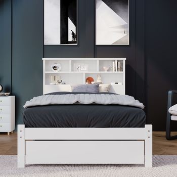 Cama Individual Madera Maciza 90x200 Con Cajones Somier Láminas Estantería Adulto Blanca
