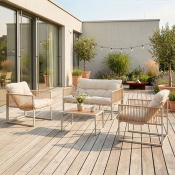 Conjunto De Muebles De Jardín Karg Mesa + Sofá + 2 Sillones - Beige / Ratán [casa.pro]