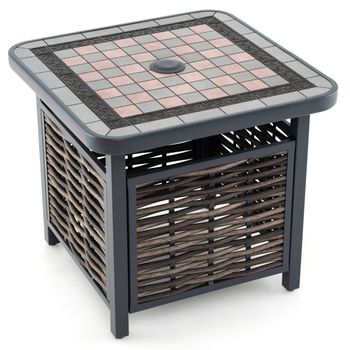 Costway Mesa Lateral de Ratán PE con Tablero de Resina Agujero para Sombrilla Estructura de Metal 55 x 55 x 50 cm Negro y Marrón
