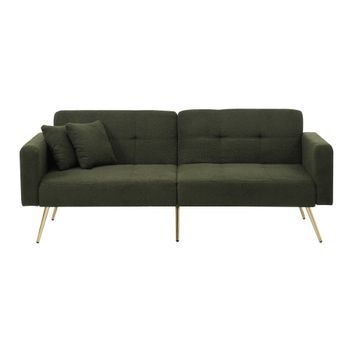 Sofá Cama Reclinable, Patas Doradas, Con Cojines Y Bolsillos Laterales, Color Verde.