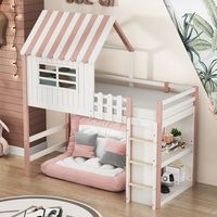 cama cabana infantil multifuncional 90x200 cm ajustable en altura con escalera y almacenamiento en madera maciza con somier de lamas rosa