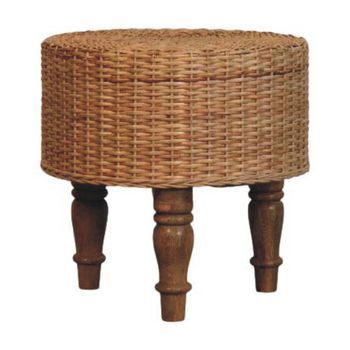Taburete Redondo De Madera Maciza Estilo Artesanal Regency, Tejido Natural.