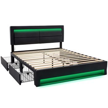 Cama Tapizada 140 X 200 Cm Con Puerto Usb (admite Carga Inalámbrica Y Por Cable), Con Iluminación Led Y Cuatro Cajones De Almacenamiento, Negro