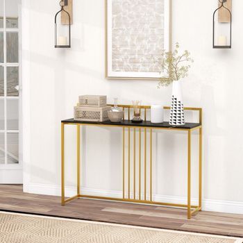 Mesa De Entrada Con Superficie De Mármol Artificial Y Estructura De Metal Dorado 120 X 32 X 89 Cm Negra Cfw14101