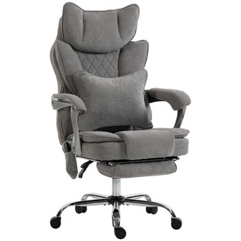 HOMCOM Silla de oficina con función de masaje y calor, hasta 180 kg, ajustable, con aspecto de lino, soporte lumbar, asiento ancho, gris