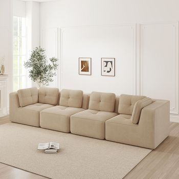 Sofá Modular Esquina 4 Plazas Sin Brazos, Asiento Profundo Cojines Mullidos Tapizado Cuerda Antideslizante Beige