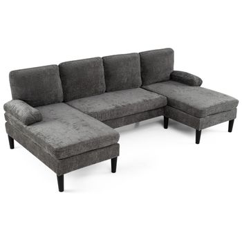 Costway Sofá Modular U 4 Plazas con 2 Tumbonas Laterales Reposabrazos 4 Cojines Respaldo Almohadillas Pie para Salón Oficina Gris Oscuro