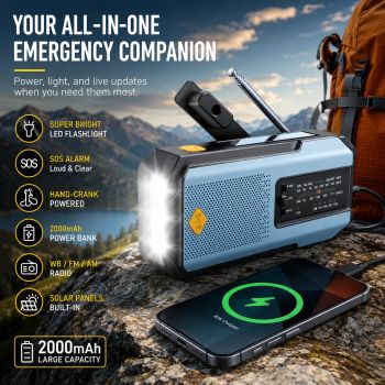 Radio meteorológica de emergencia, Radio multifuncional FM AM WB, manivela, carga USB Solar, Banco de energía de 2000mAh, linterna LED