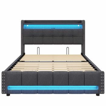Cama Tapizada 160*200 - Con Iluminación Led, Puerto Usb, Cabecero Con Estantes Y Almacenamiento, 4 Cajones - Gris