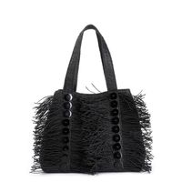 bolso shopping de rafia con flecos y botones decorativos black