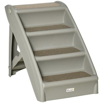 PawHut Escalón Portátil para Mascotas con Alfombras Antideslizantes para Cama Sofá Carga 20 kg 62x38x49,5 cm Gris   Aosom España