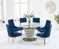 hans round 130cm glass table with talia velvet chairs - grey 4 chairs