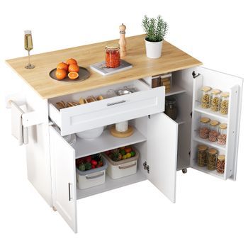 Isla De Cocina Móvil Con Encimera Plegable Y 5 Ruedas, 132.5x70x90cm, Madera, Acabado En Roble