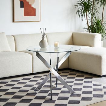 Sweiko Mesa Comedor Redonda 80x80x75 Cm Patas Metal Cruzadas Cromo, Vidrio Templado Moderna Ahorro Espacio