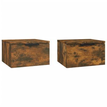 Pack 2 Uds Mesitas De Noche | Mesa Auxiliar | Mesilla De Pared Color Roble Ahumado 34x30x20 Cm