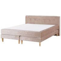 cama continental tapizada en terciopelo beige 180 x 200 cm con colchon de muelles embolsados con cabecero marquise