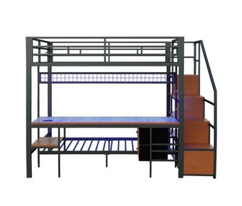 Cama alta metálica 140x200+90x200 - escritorio, led, enchufes, almacenaje y cajones - negro