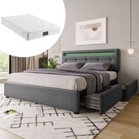 cama doble acolchada 140 x 200 cm con cabecero ajustable y 4 cajones - led - lino gris  colchon