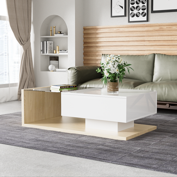 Mesa De Centro Blanca Y Color Madera Con Luces Led De 16 Colores, 105 X 55 Cm