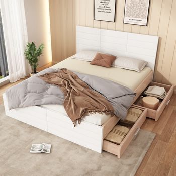 Cama Doble De Madera Moderna Con 2 Cajones De Almacenamiento Y Somier De Lamas, 160x200 Cm, Roble/blanco